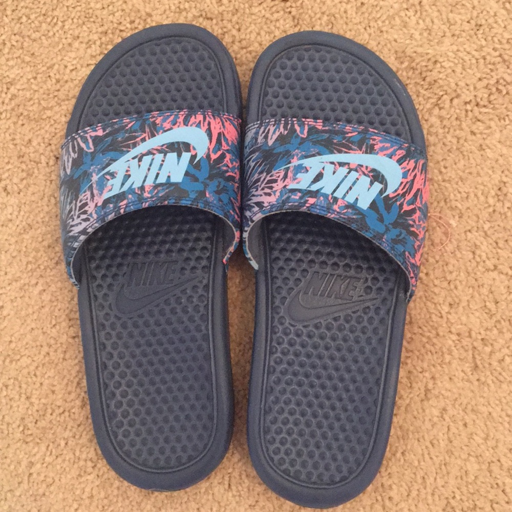 Nike Blue and Pink Palm Tree Slides